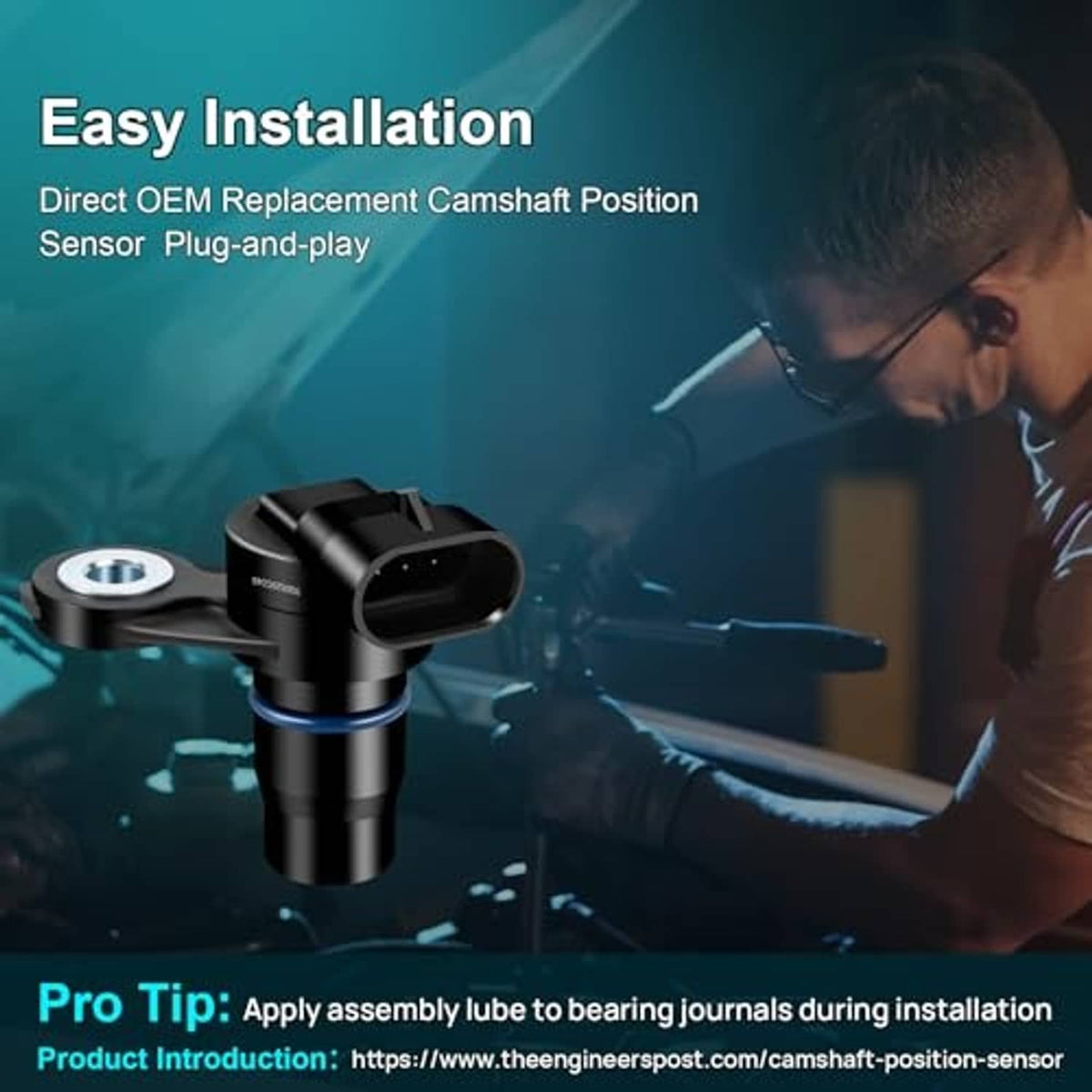 Camshaft position sensor in installation scene with technician and plug-and-play graphic