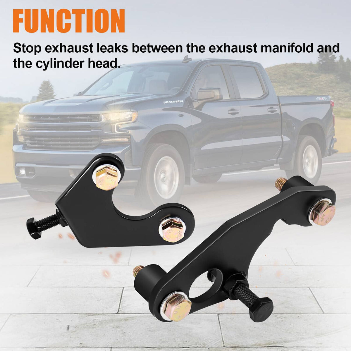 Exhaust manifold bolt repair kit with two black brackets and included bolts