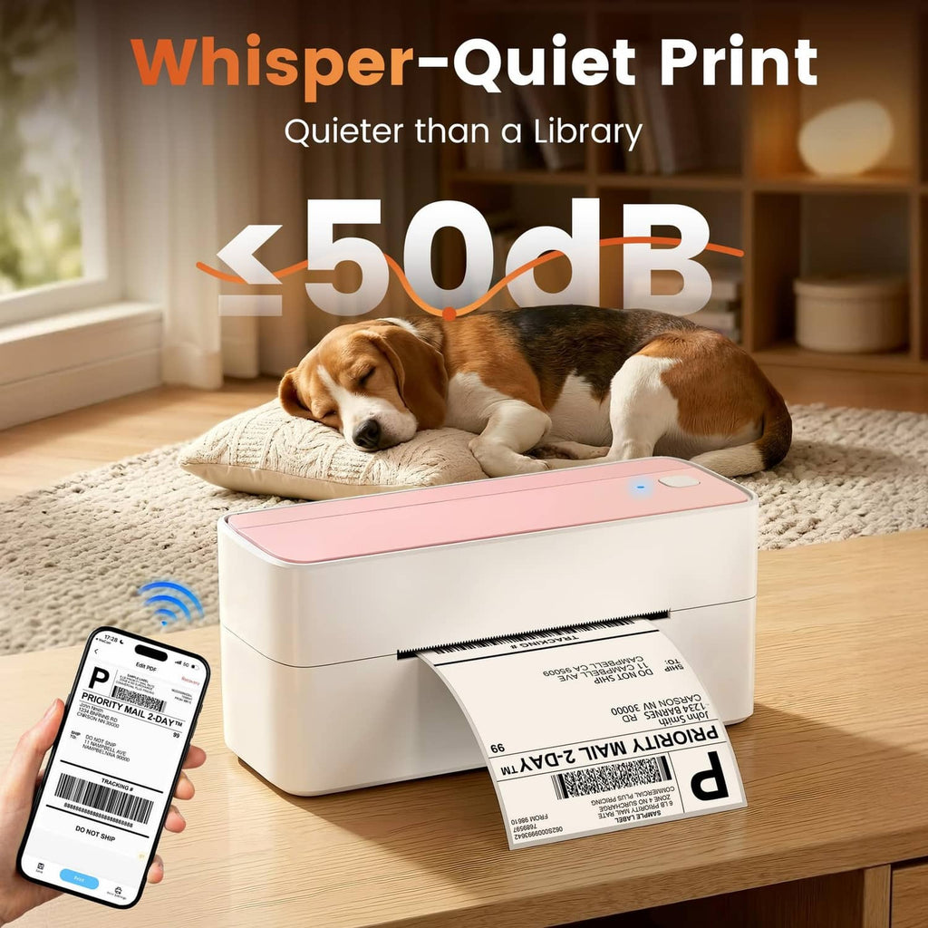 Pink-and-white label printer with a 4x6 shipping label and smartphone in use