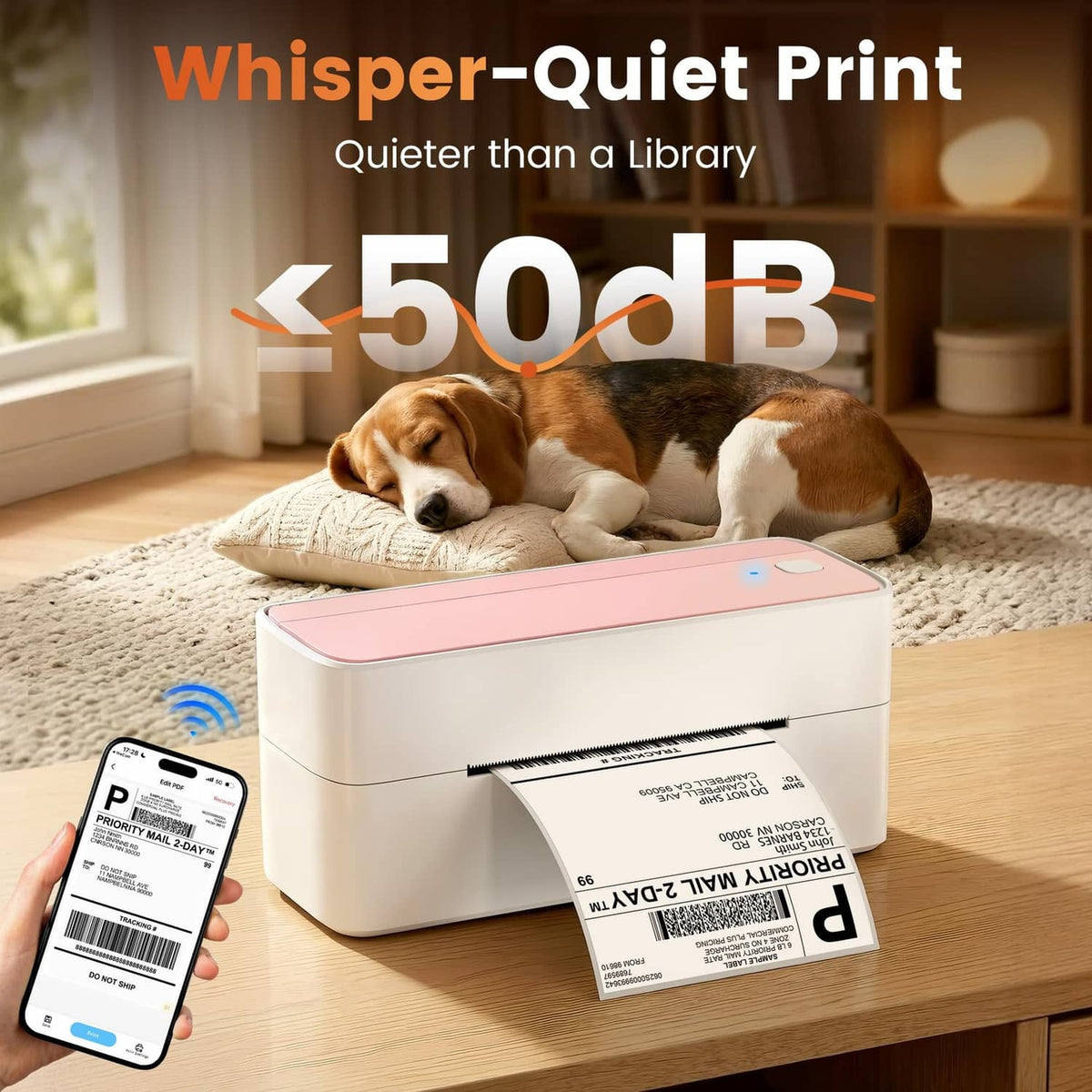 Pink-and-white label printer with a 4x6 shipping label and smartphone in use