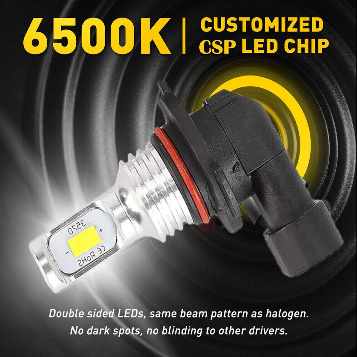 LED headlight bulb close-up with yellow LED chip and black electrical connector