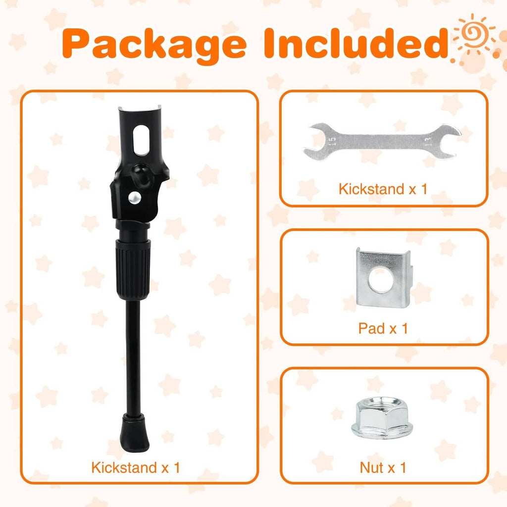 Black bike kickstand package with mounting pad, nut, and wrench-style tool