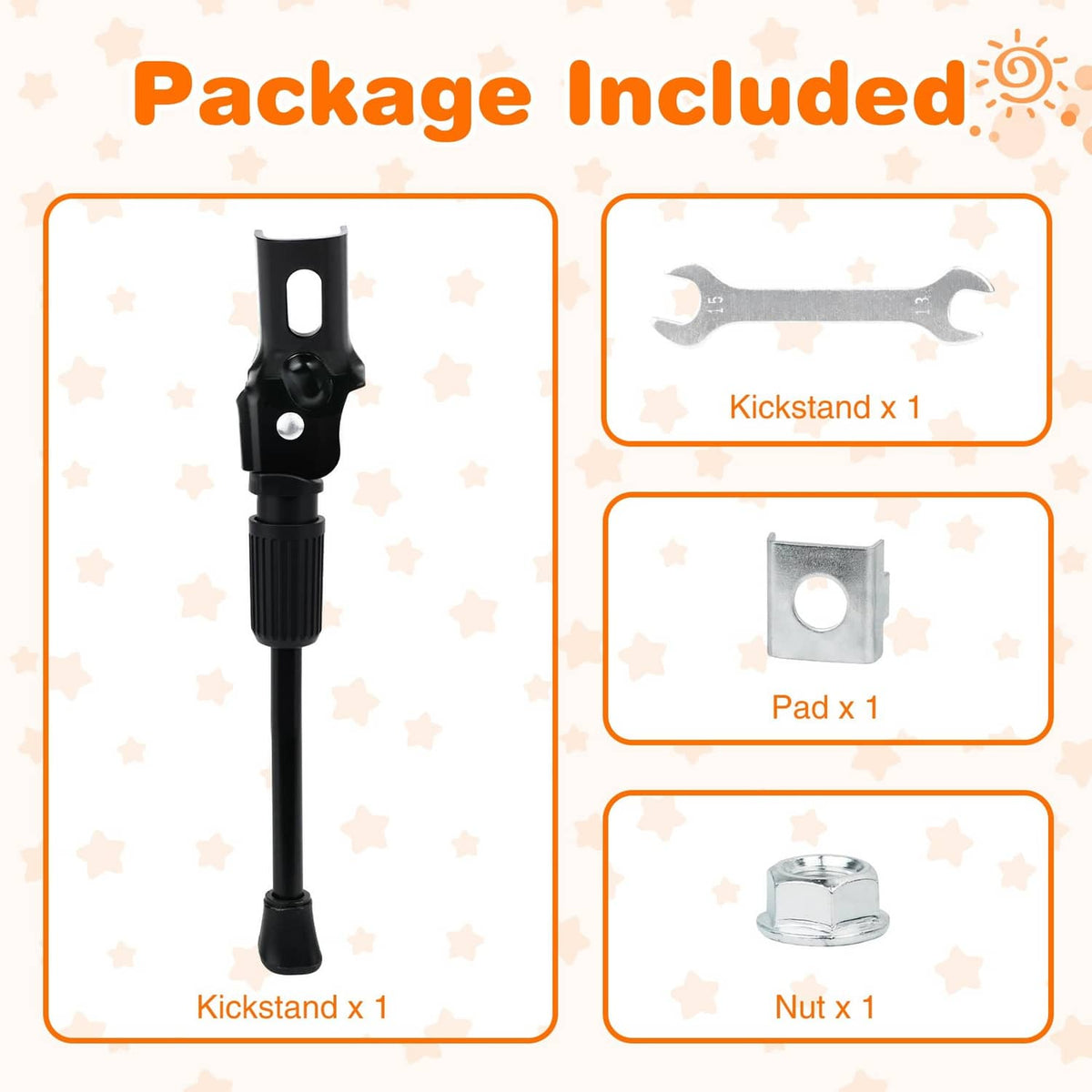 Black bike kickstand package with mounting pad, nut, and wrench-style tool
