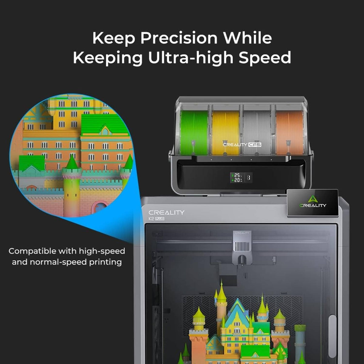 PLA filament 3D printer with colorful castle model on build plate