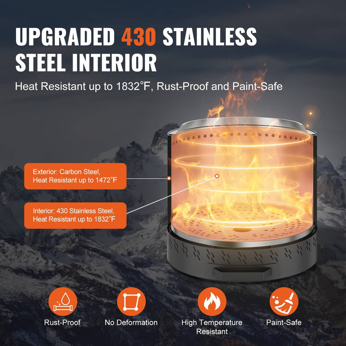 Black fire pit stove with stainless interior and flames rising from the base