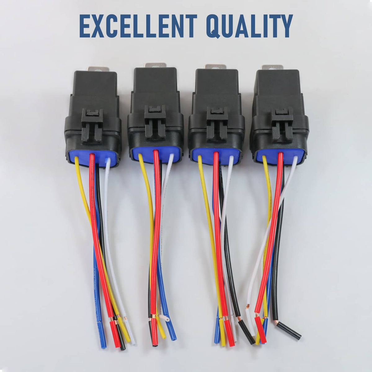 Relay socket harness front view: black 5-pin terminals with colored wire leads