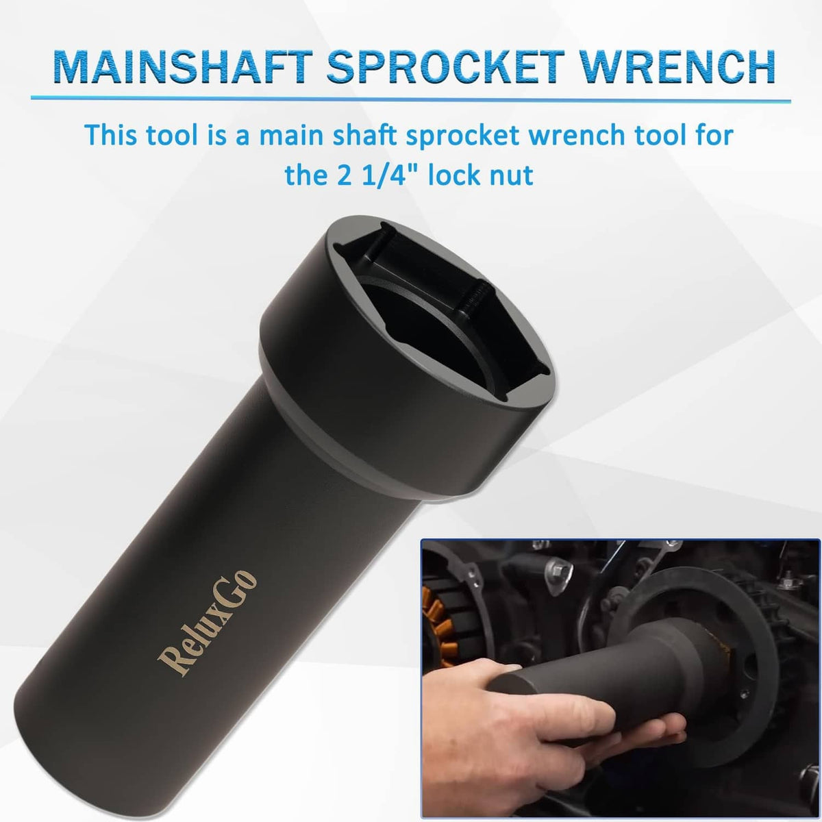 Black mainshaft sprocket wrench socket tool with ReluxGo logo and hex socket opening