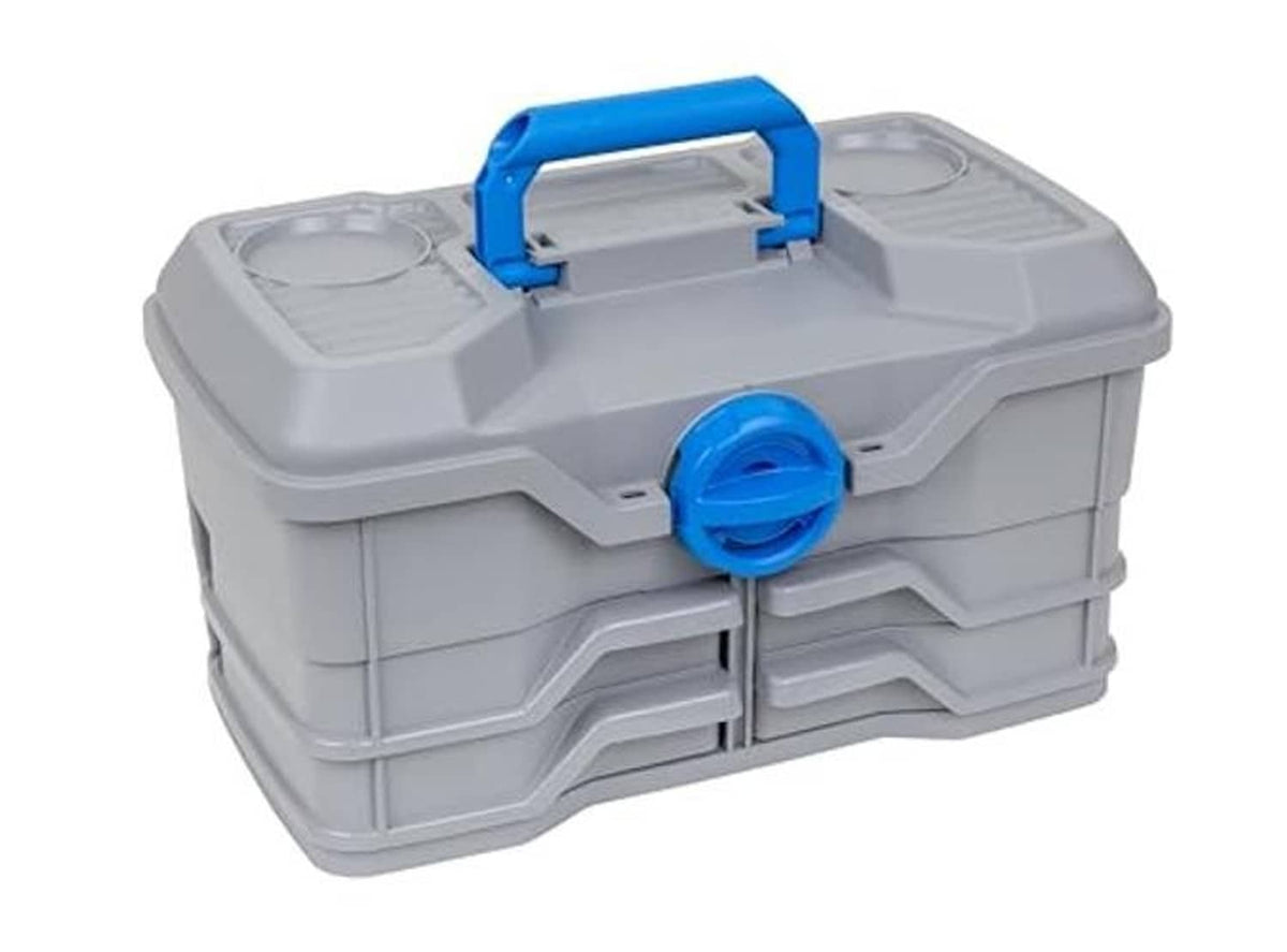 Light gray fishing tackle box with blue latch and handle, open top with two bins