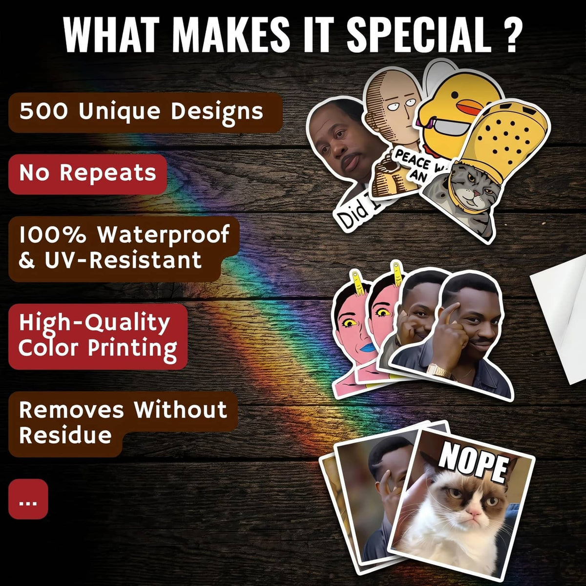 Sticker pack showing waterproof, UV-resistant feature graphics with example cartoon cutouts