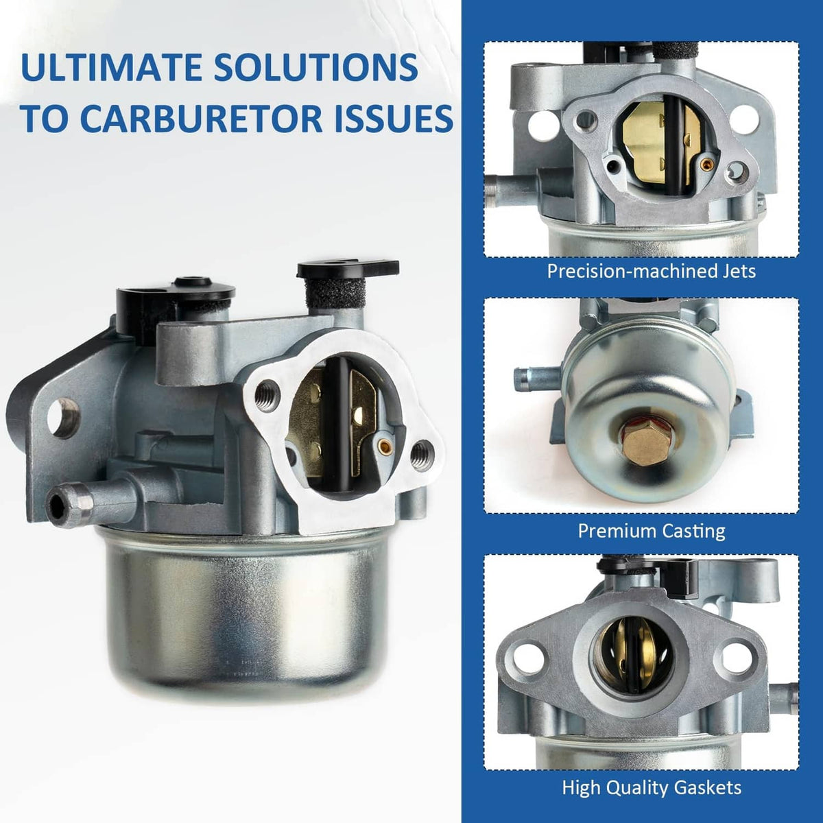 Carburetor with visible intake and jets detail, metal housing and side fitting