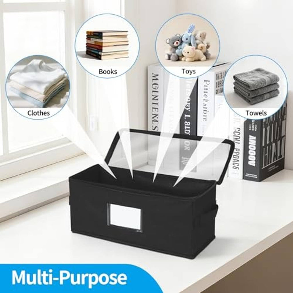 Black fabric storage box with clear lid on a shelf for CDs or small items