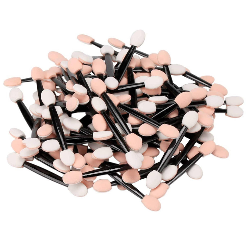 Loose pack of disposable eye shadow sponge applicator brushes with black handles and pink/white ends