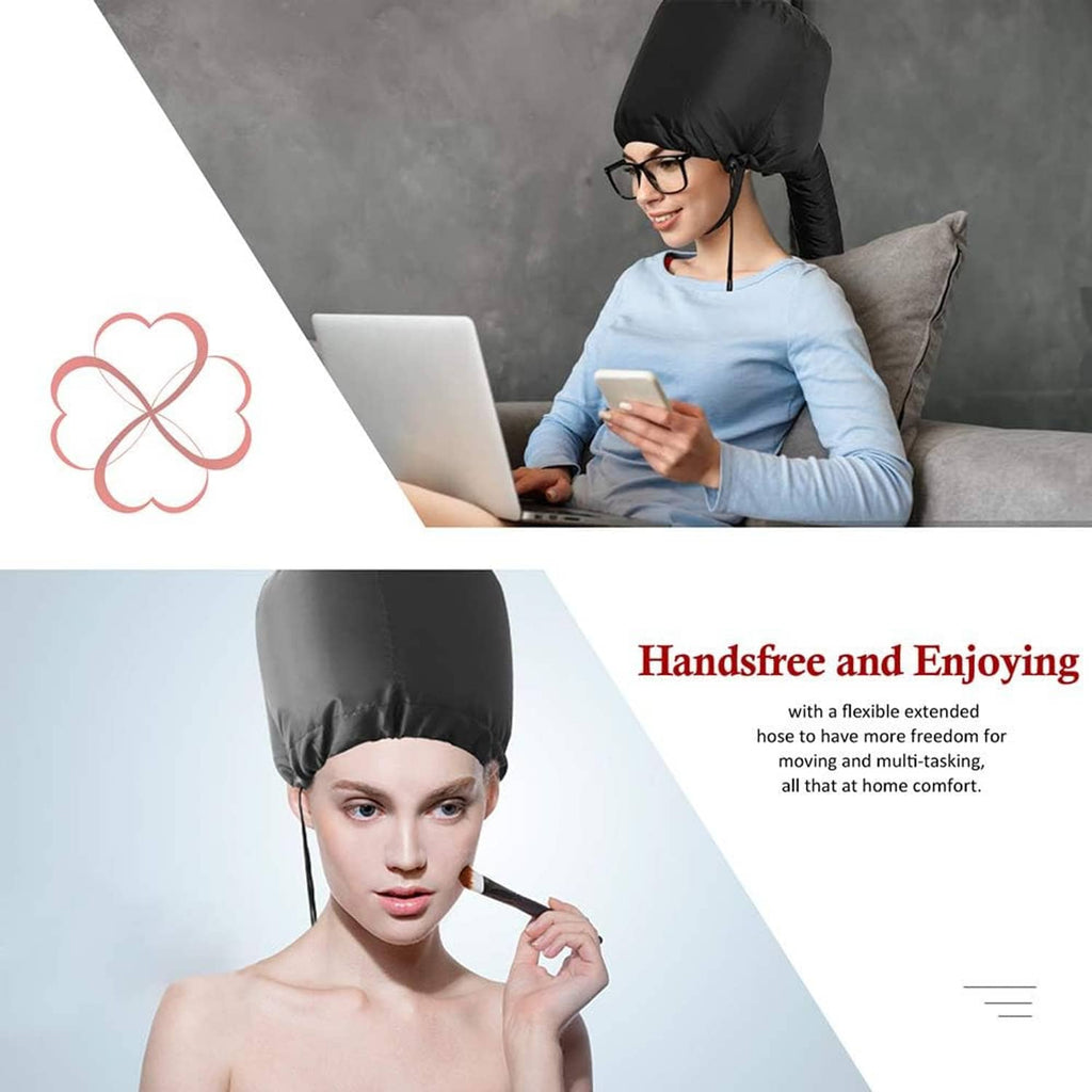 Black hair dryer bonnet hood with chin strap and attached hose for hands-free drying