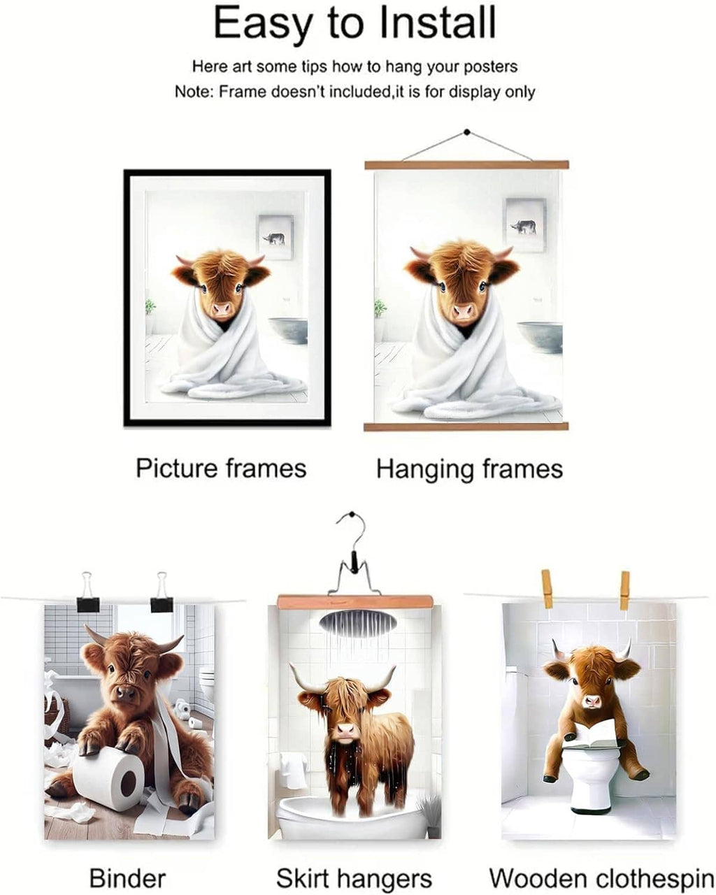 Easy-install set of framed Highland cow bathroom prints with hanging hardware