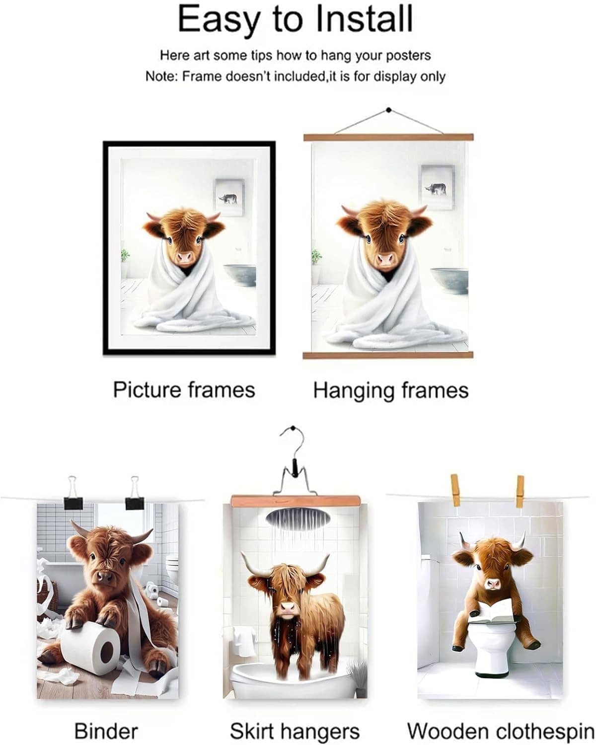 Easy-install set of framed Highland cow bathroom prints with hanging hardware