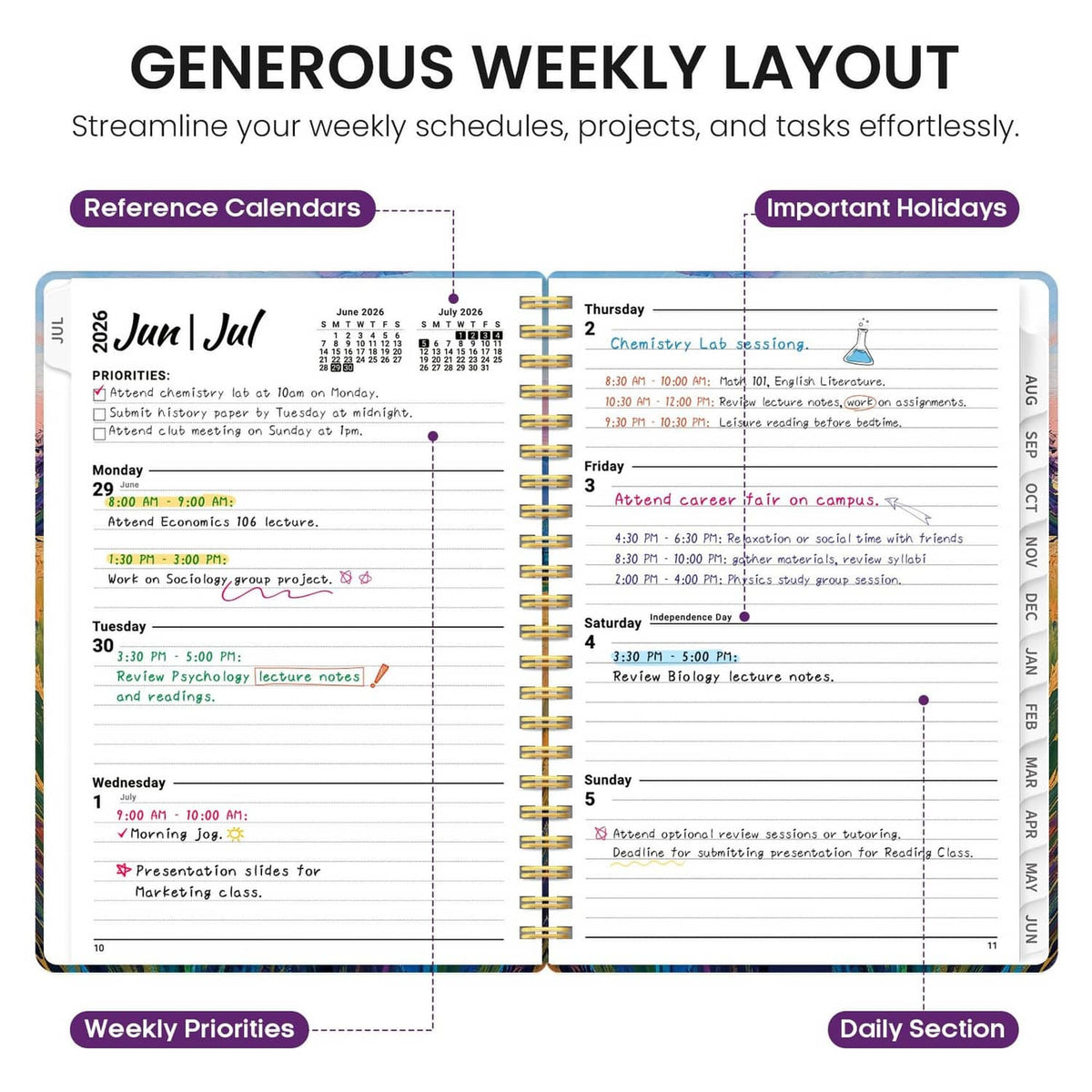 Academic planner open to weekly layout pages with priority and daily sections