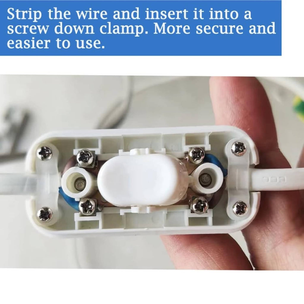 Inline cord switch terminal block close-up with screw-down clamp wire connections.