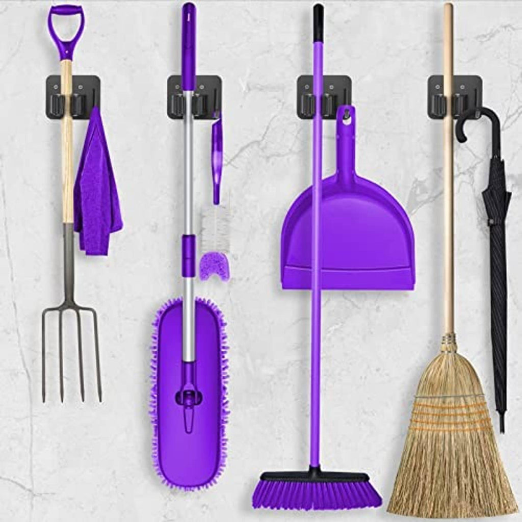 Multi-tool wall broom holder set with black grippers for mops and brooms