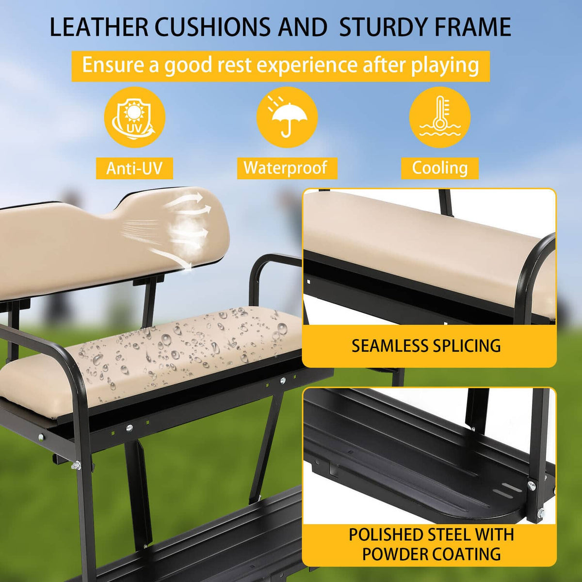 Tan padded seat cushions on sturdy black steel frame with side grab-bar handles