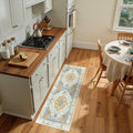 Rectangular washable area rug with light blue, beige, orange floral medallion pattern