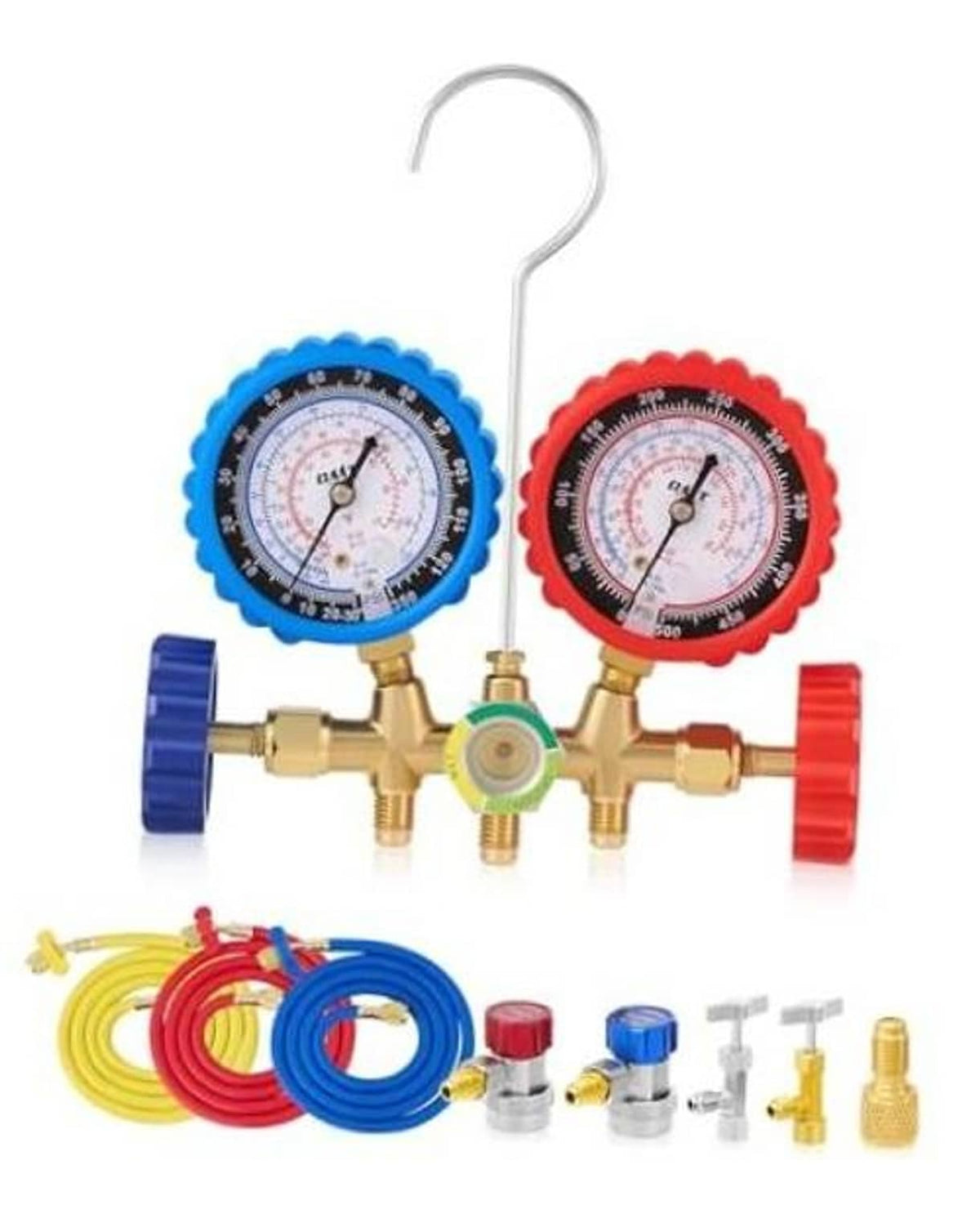 Manifold gauge set with blue and red pressure gauges, brass manifold, hoses, fittings