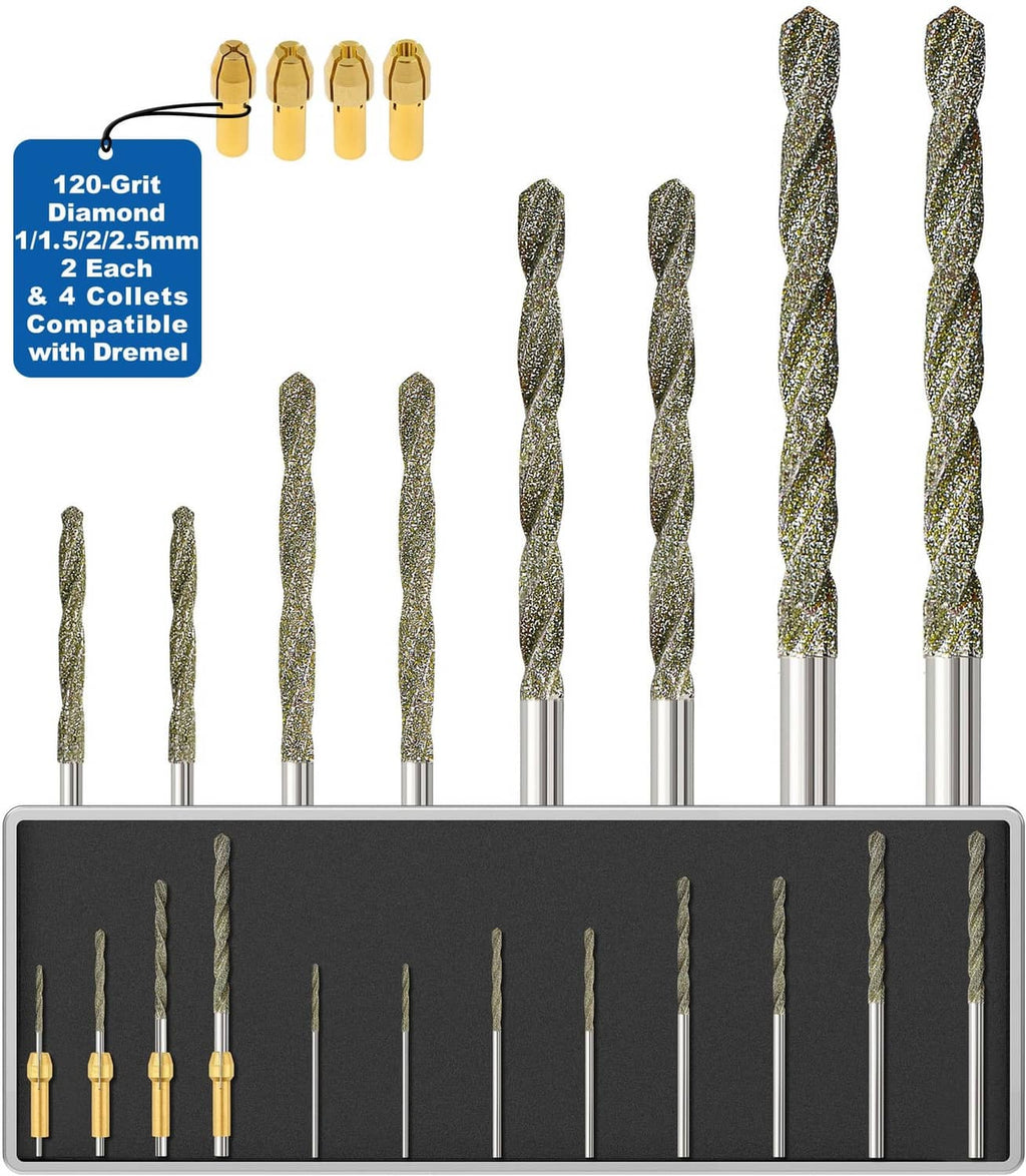 Diamond drill bit set: 8 diamond bits and 4 collets in storage tray