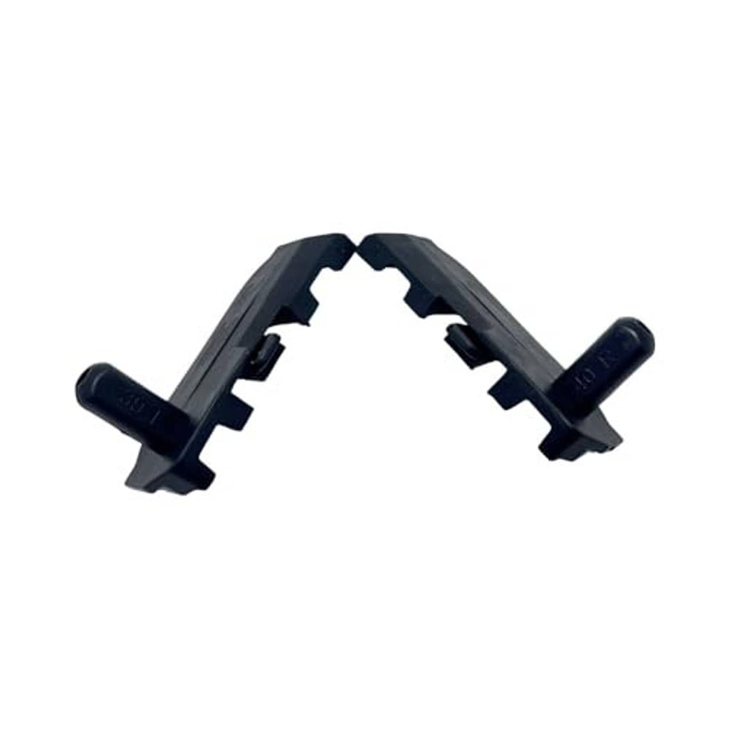 Dark plastic radiator support brackets pair viewed from underside with angled tabs