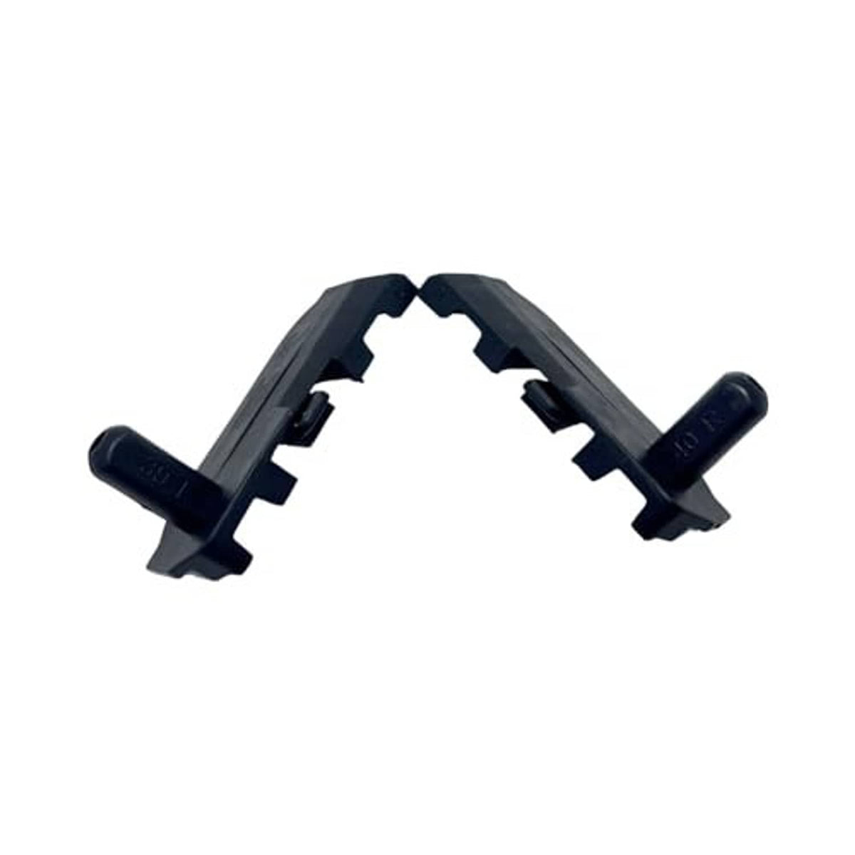 Dark plastic radiator support brackets pair viewed from underside with angled tabs