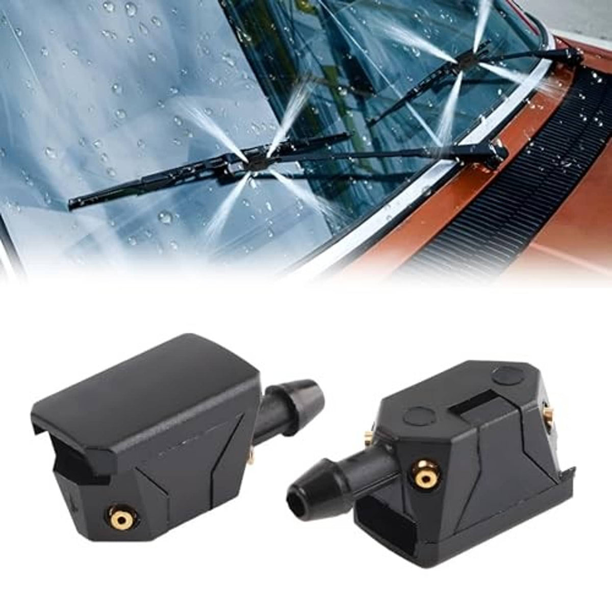 Pair of black windshield washer nozzles, compact housings with brass inlet ports