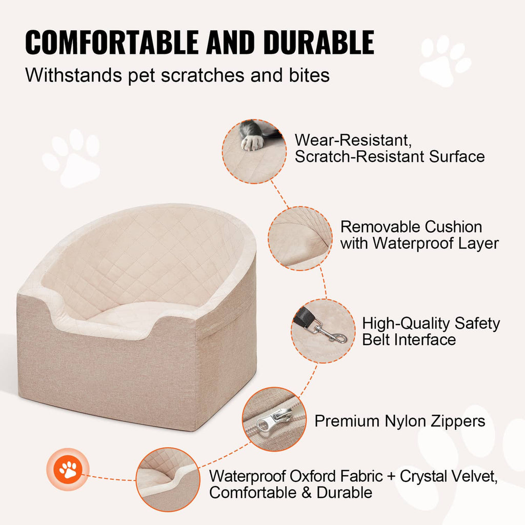 Pet booster car seat in brown with quilted cushion and waterproof-lined insert
