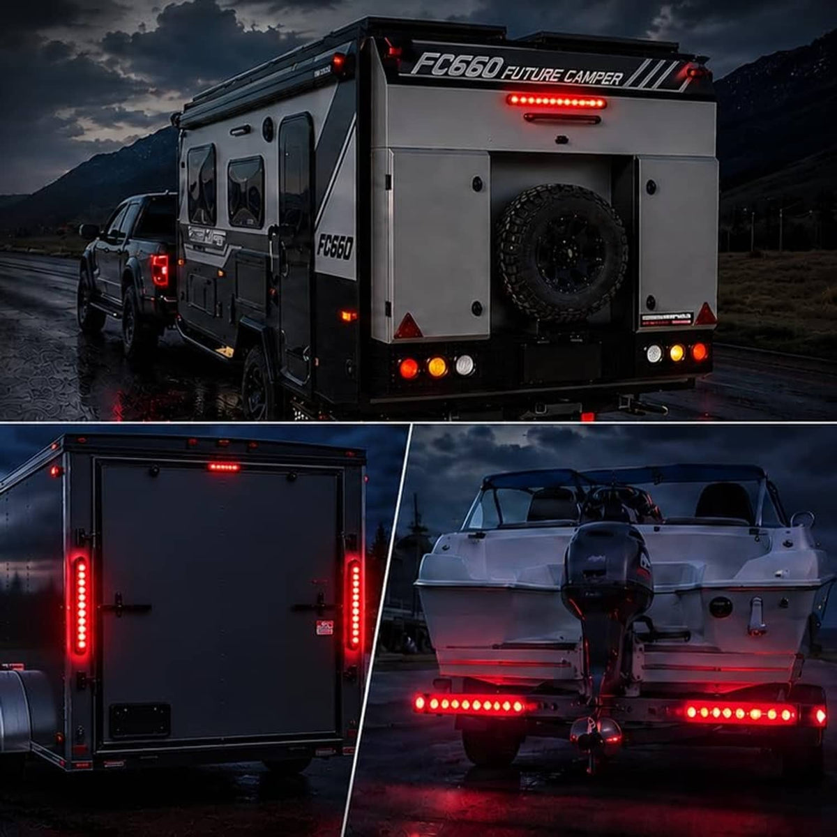 Red LED trailer tail light bars mounted on the rear of a cargo trailer