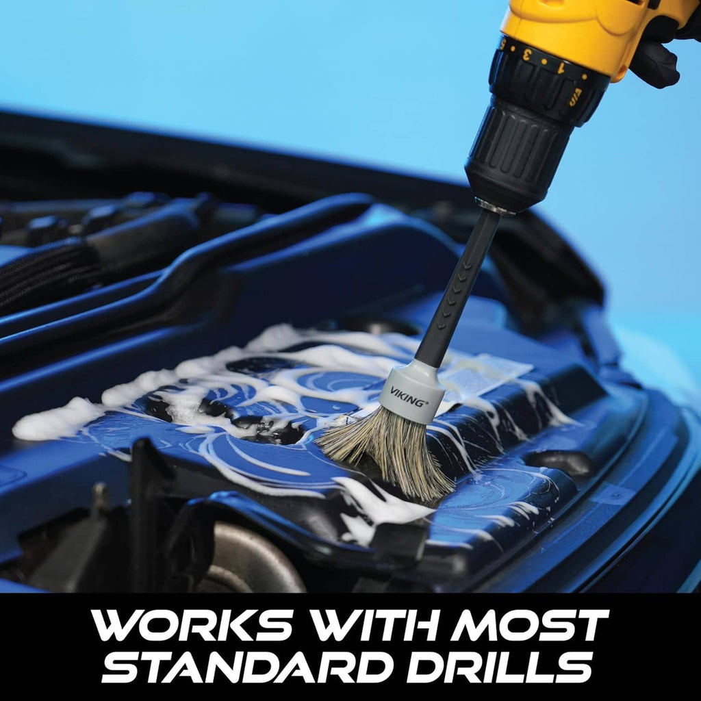 Drill detail brush scrubbing a car seat panel with bristle head