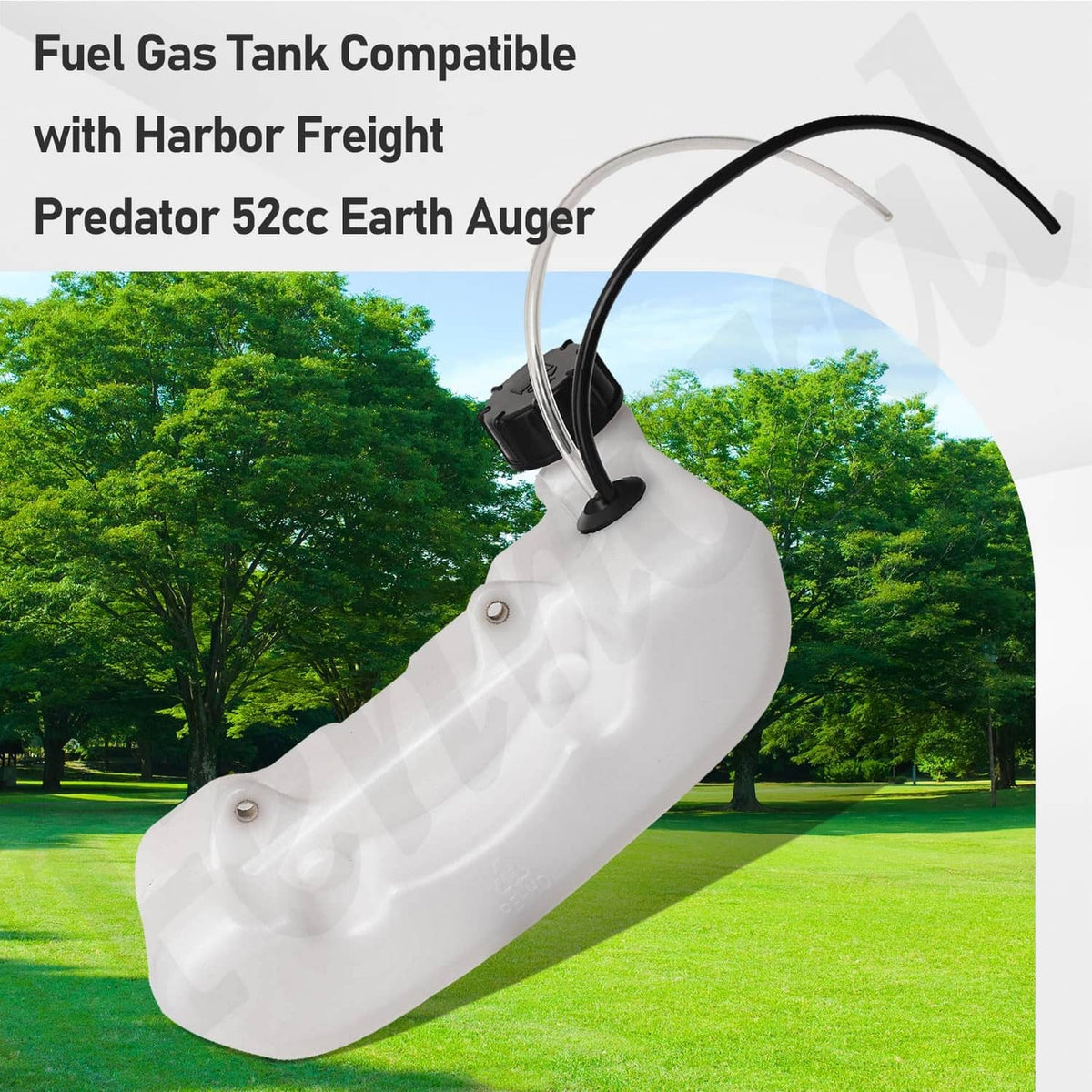 White fuel gas tank with black fuel cap and twin hoses, side view