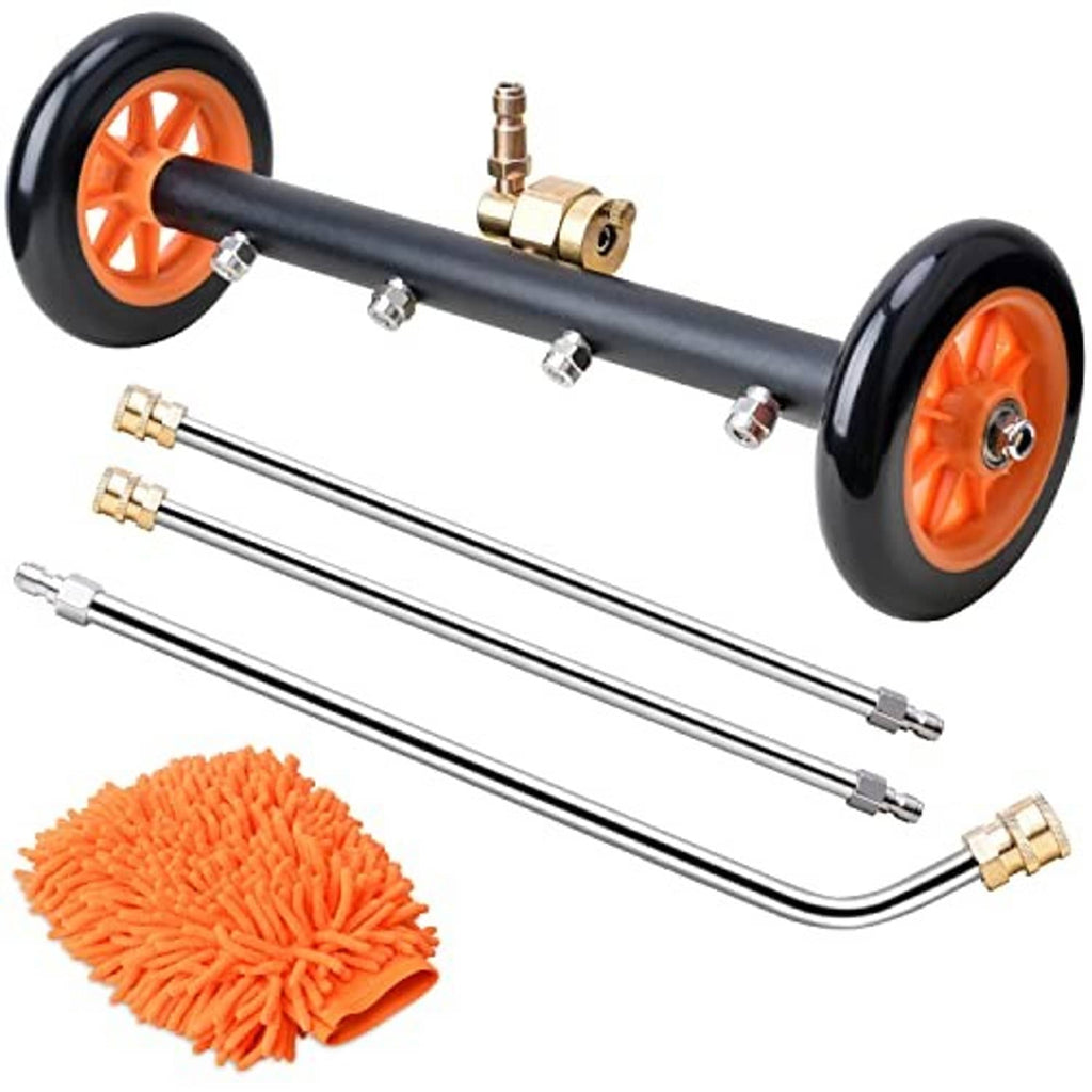 Undercarriage pressure washer attachment with orange wheels, dual wands, and orange microfiber pad