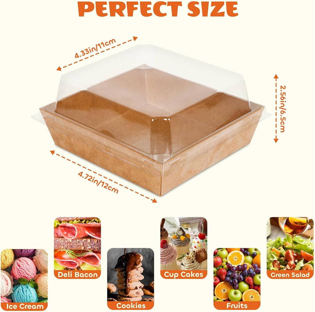 Kraft charcuterie container with clear lid, shown with length and width measurements