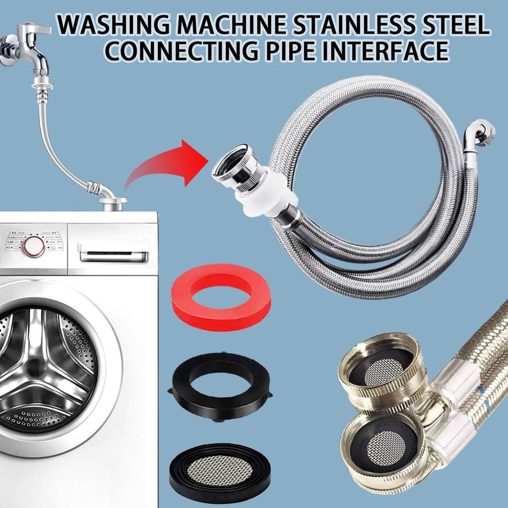 Washing machine connecting pipe interface kit with red seal ring and round mesh screens.