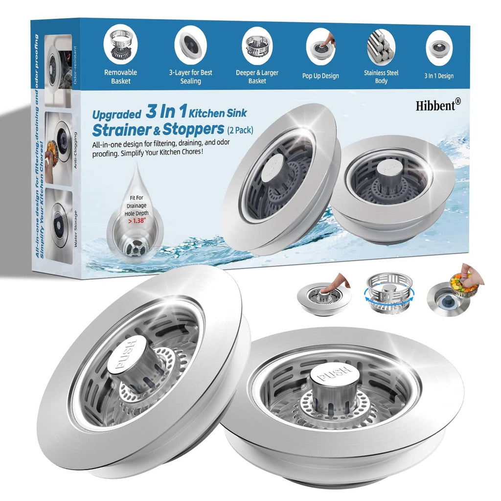 Stainless steel sink drain strainer with pop-up stopper (2-piece set), round basket
