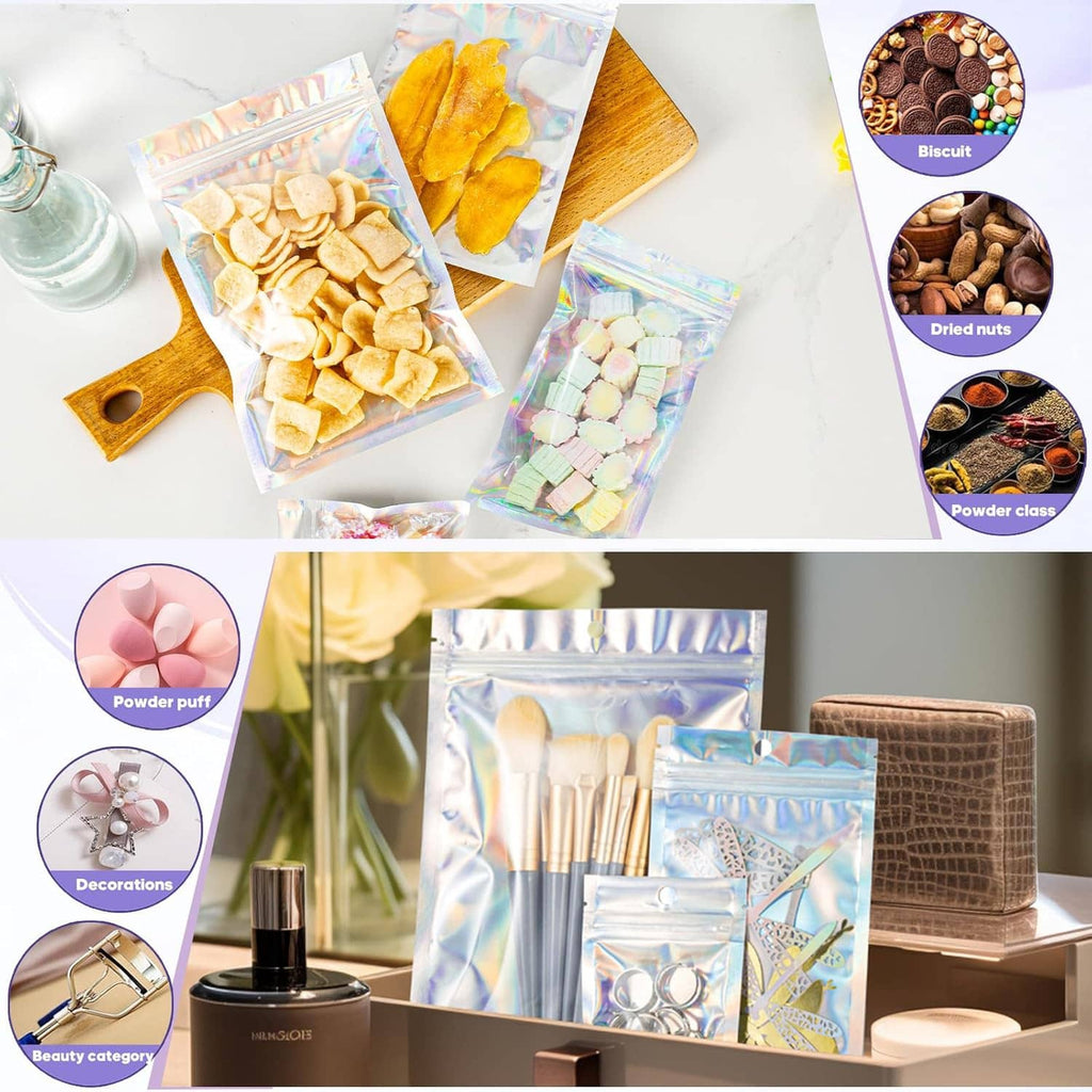 Holographic resealable foil pouches filled with snacks and sweets