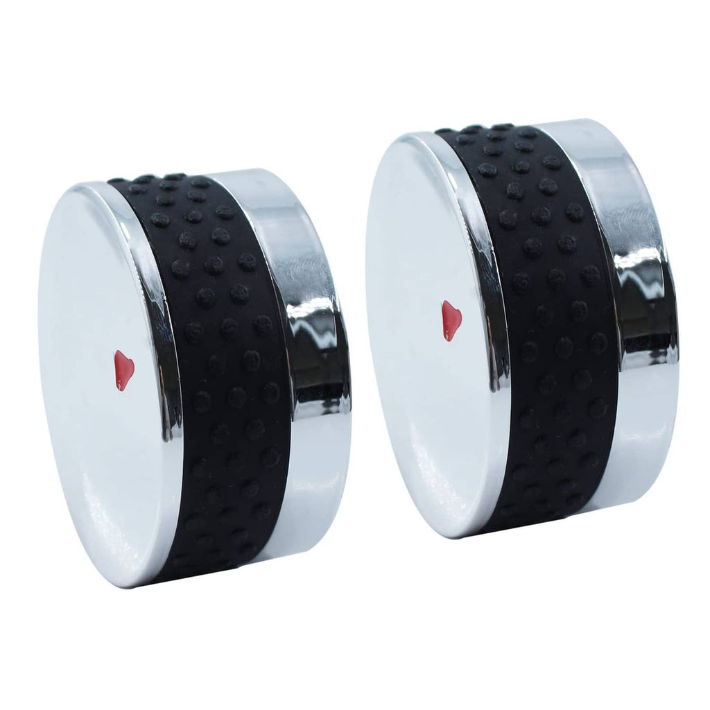 Pair of propane control knobs, side view with silver base and black textured ring, red marks