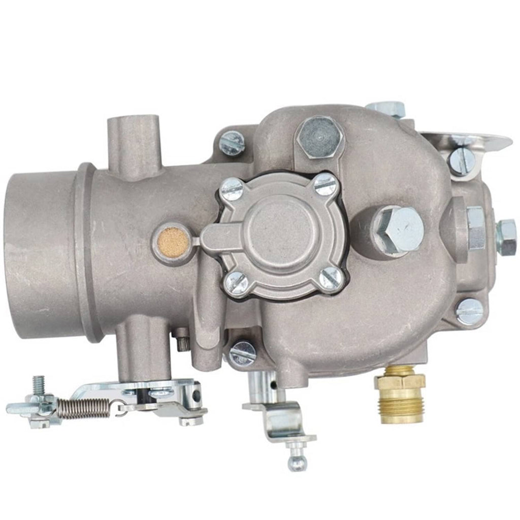 Metal carburetor with throttle body housing, bolts, and brass fuel inlet fitting