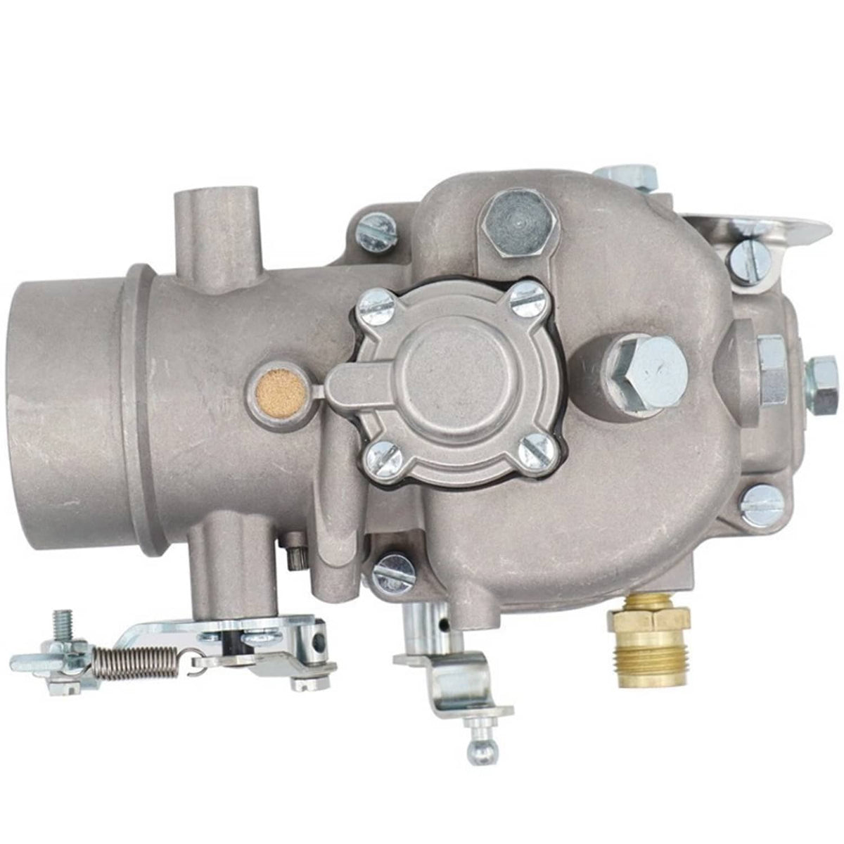 Metal carburetor with throttle body housing, bolts, and brass fuel inlet fitting