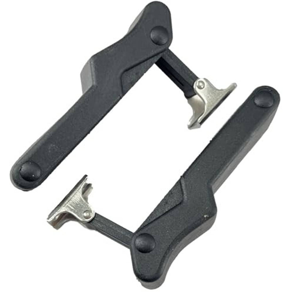 Pair of black storage rack latch levers with silver metal clips
