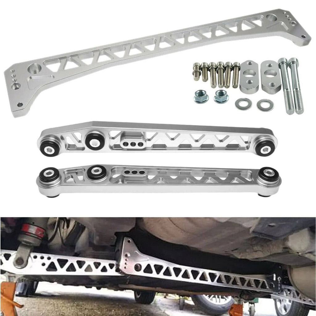 Silver rear lower control arm and subframe brace kit with mounting hardware and bolts