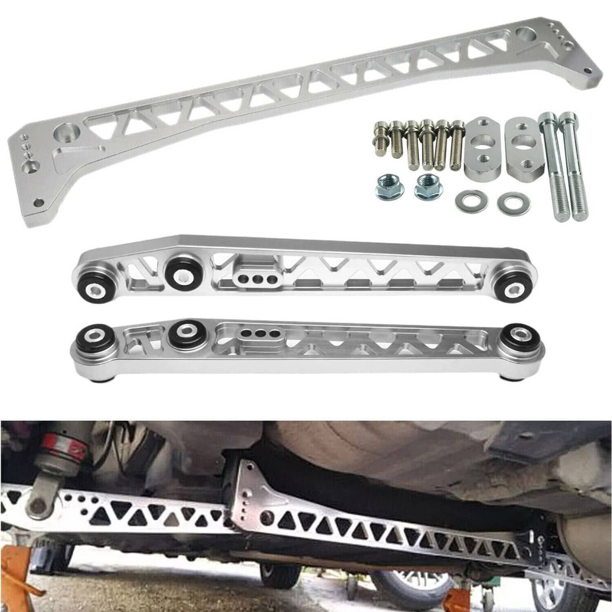 Silver rear lower control arm and subframe brace kit with mounting hardware and bolts