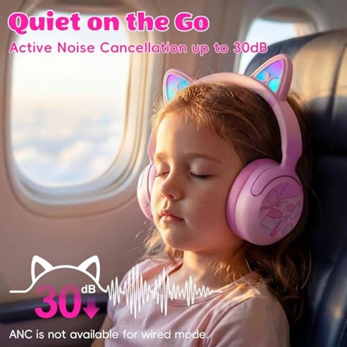 Pink over-ear Bluetooth headphones with LED cat ears worn by a child