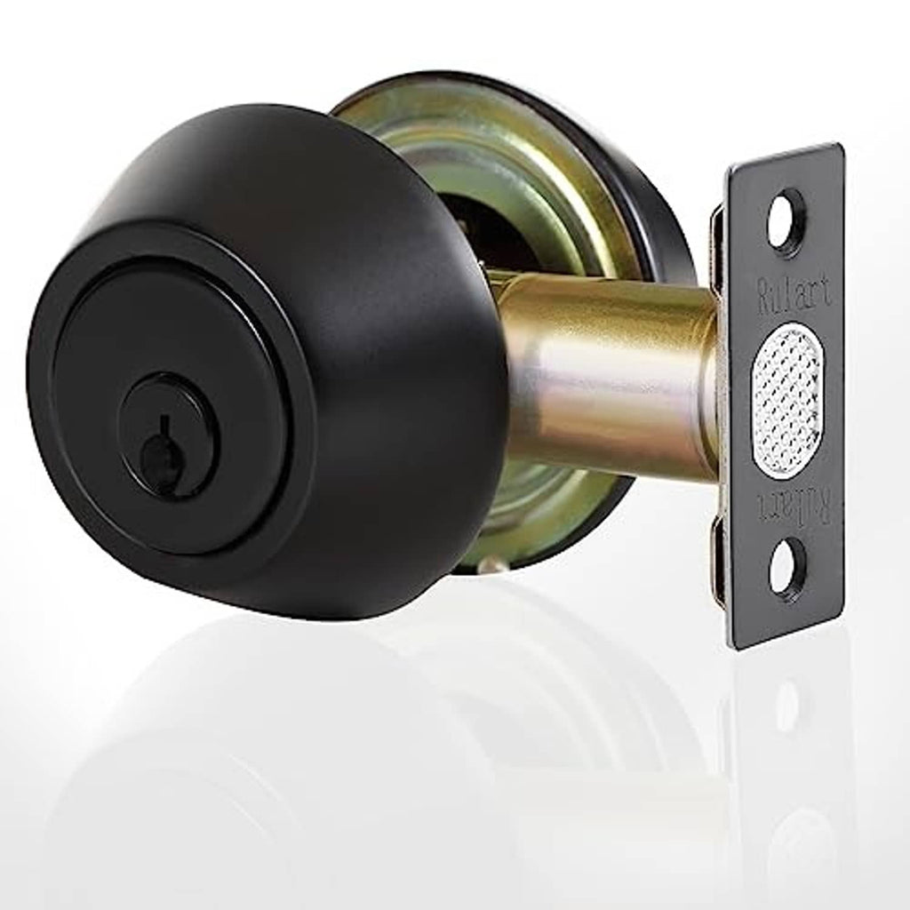 Black deadbolt lock set with round exterior knob and rectangular mounting plate, brass cylinder
