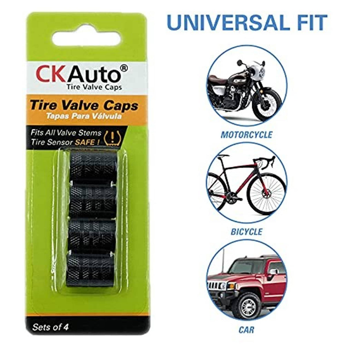 CKAuto tire valve caps package with four black textured anodized caps