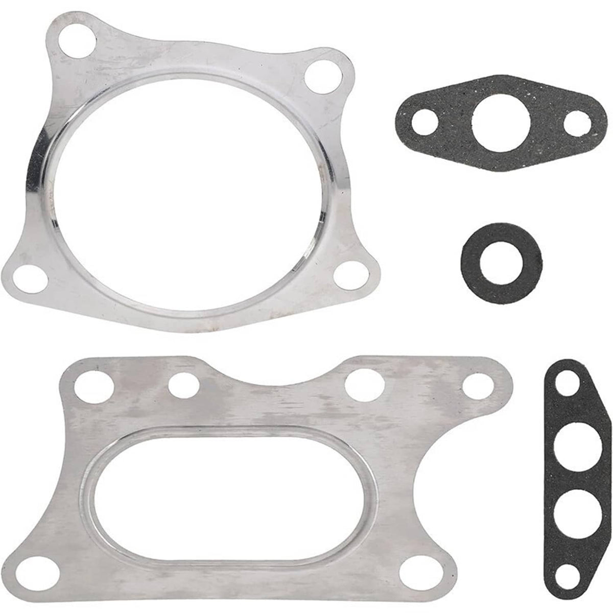 Turbocharger gaskets and seals set, including oval and round gasket shapes