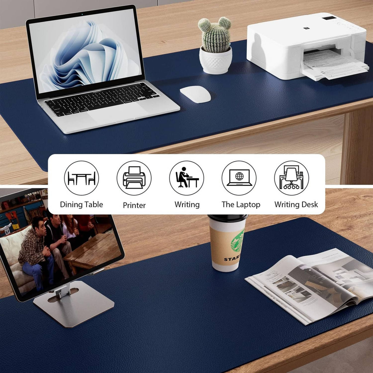 Dark blue desk pad protector on a desk with electronics and office supplies