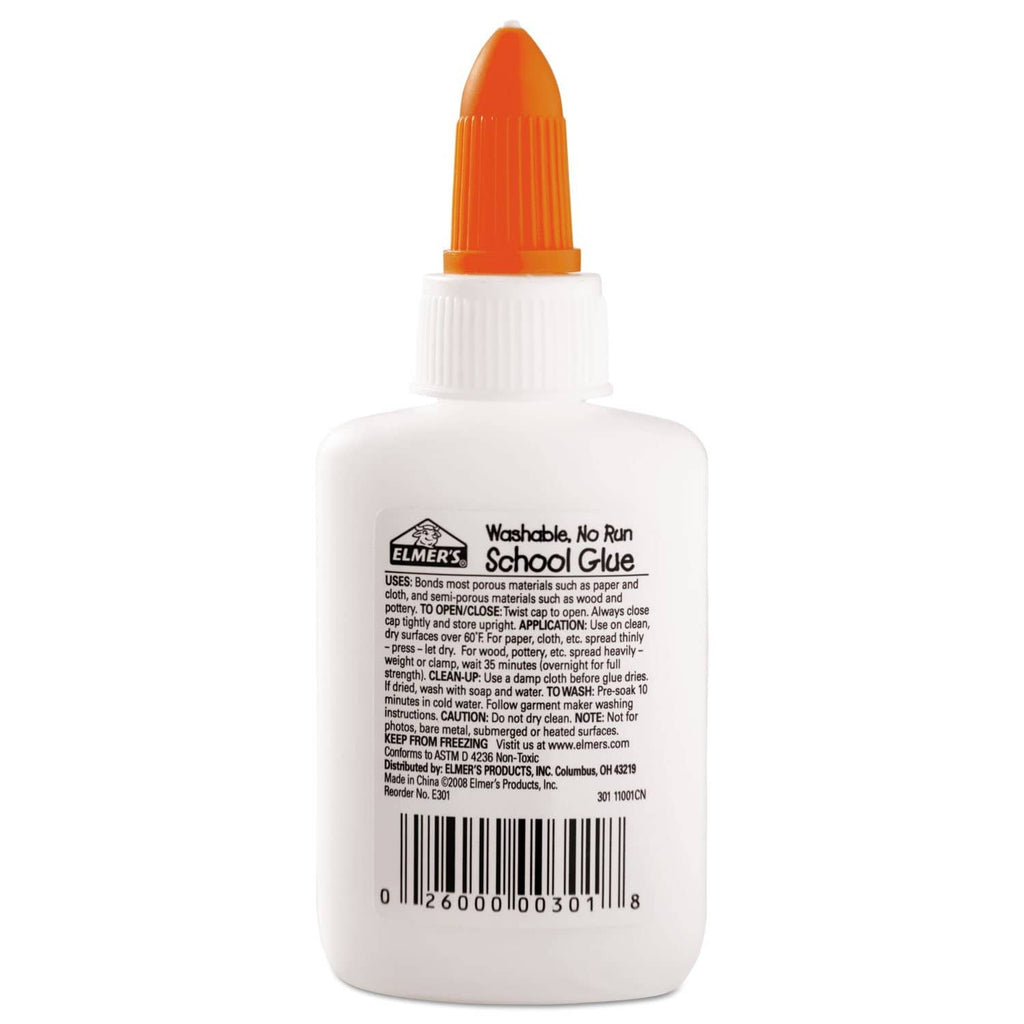 White Elmer’s school glue bottle with orange nozzle cap, back label visible